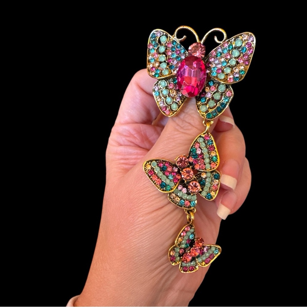 Multi Butterfly Crystal Pin, Multicolor Crystals, New, Designed by Aratta